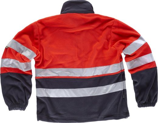Kombiniertes rotes AV-Fleece, Reißverschluss, zwei reflektierende Bänder am Oberkörper und dunkelrote AV-Ärmel