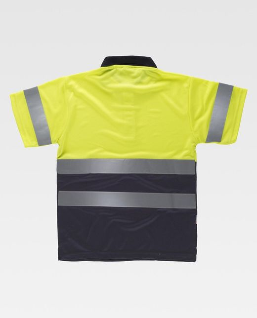 Kombiniertes kurzärmeliges Poloshirt mit hoher Sichtbarkeit. Oberkörper und Ärmel mit reflektierenden Bändern EN ISO 20471: 2013 Yellow AV Navy