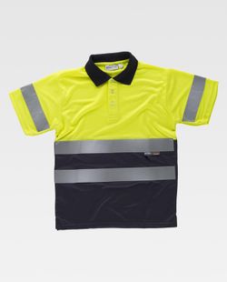 Kombiniertes kurzärmeliges Poloshirt mit hoher Sichtbarkeit. Oberkörper und Ärmel mit reflektierenden Bändern EN ISO 20471: 2013 Yellow AV Navy
