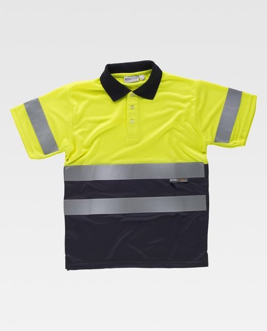 Kombiniertes kurzärmeliges Poloshirt mit hoher Sichtbarkeit. Oberkörper und Ärmel mit reflektierenden Bändern EN ISO 20471: 2013 Yellow AV Navy