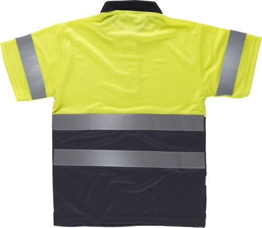 Kombiniertes kurzärmeliges Poloshirt mit hoher Sichtbarkeit. Oberkörper und Ärmel mit reflektierenden Bändern EN ISO 20471: 2013 Yellow AV Navy