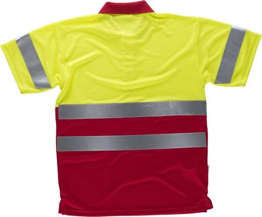 Kurzärmeliges, gut sichtbares kombiniertes Poloshirt Reflektierende Bänder Oberkörper und Ärmel EN ISO 20471: 2013 Gelb AV Rot