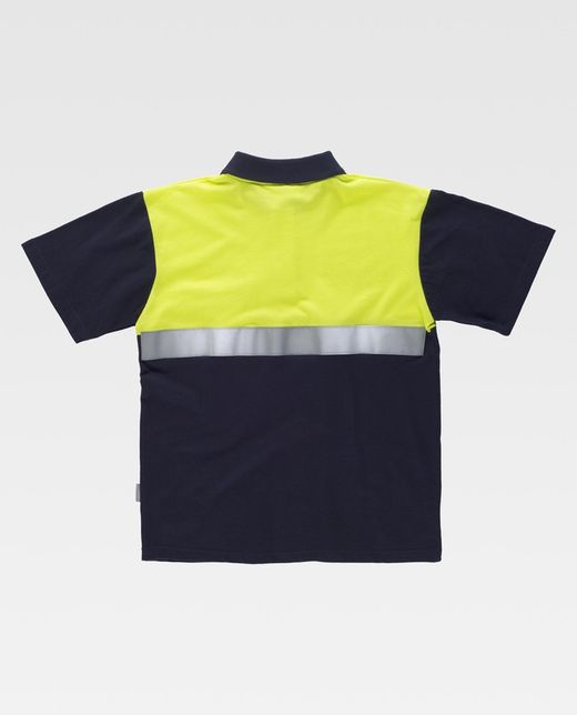 Kurzärmliges Poloshirt mit kombinierter Passe, Brusttasche und reflektierendem Klebeband Navy Yellow AV