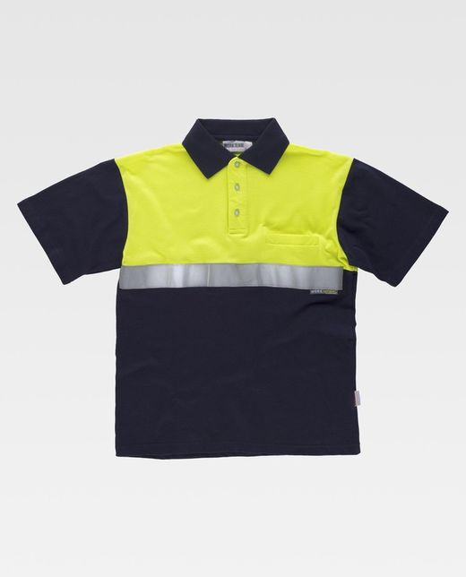 Kurzärmliges Poloshirt mit kombinierter Passe, Brusttasche und reflektierendem Klebeband Navy Yellow AV