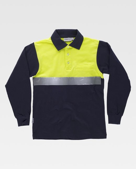 Langärmliges Poloshirt mit kombinierter Passe, Brusttasche Ein reflektierendes Klebeband Navy Yellow AV