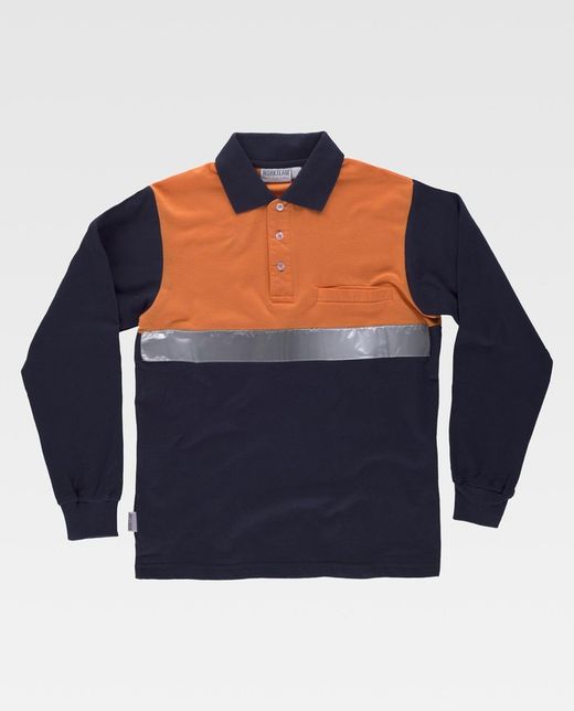 Langärmliges Poloshirt mit kombinierter Passe, Brusttasche Ein reflektierendes Klebeband Navy Orange AV