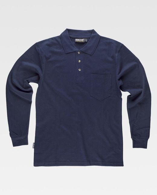 Langärmliges Poloshirt mit Brusttasche aus 100% dunkelblauer Baumwolle
