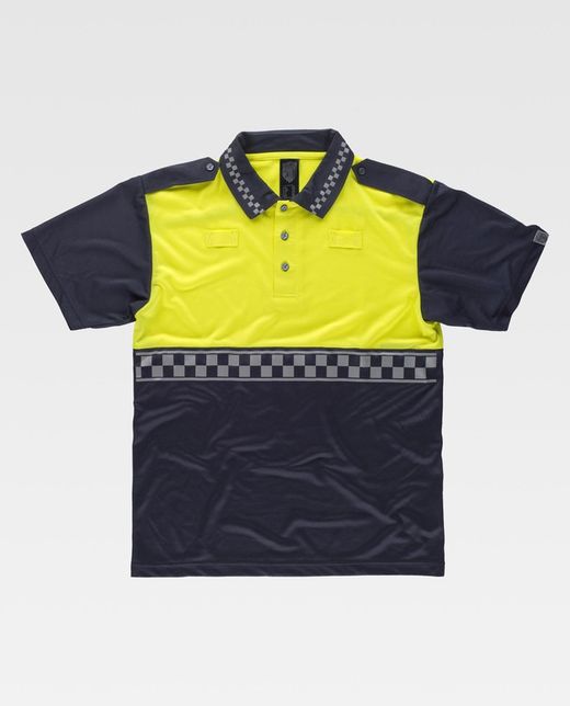 Kombiniertes kurzärmeliges Polizei-Poloshirt mit heißversiegeltem Reflexstreifen und Schulterklappen Navy Yellow AV