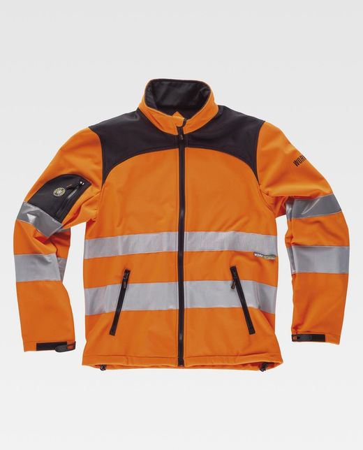 Workshell de alta visibilidad con cintas reflectantes de diferentes tamaños EN ISO 20471:2013 Naranja A.V.  Negro