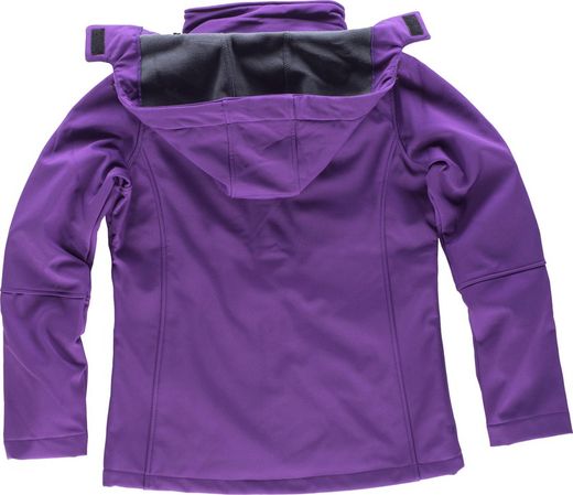 Guscio da lavoro da donna con cappuccio e dettagli riflettenti, una tasca sul petto e manica viola