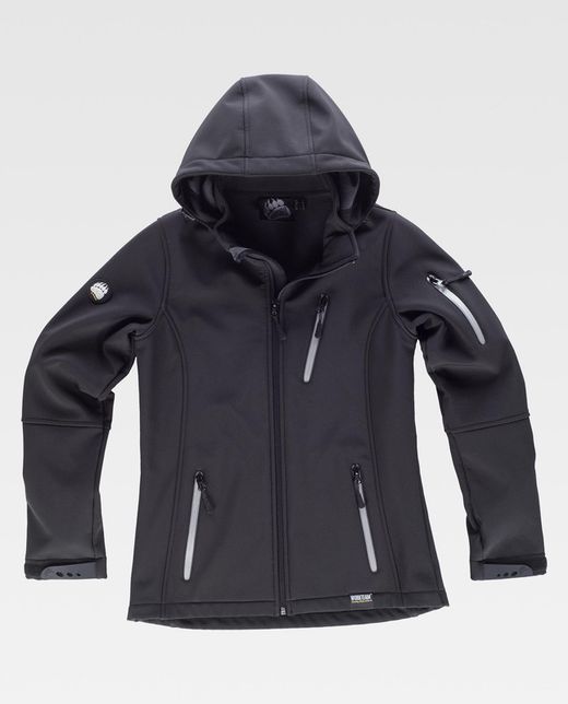 Damen Workshell mit Kapuze und reflektierenden Details, Brusttasche und Ärmel Schwarz