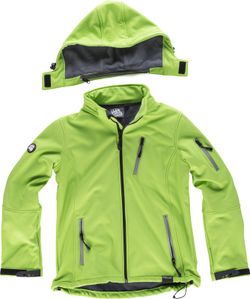 Damen Workshell mit Kapuze und reflektierenden Details, einer Brusttasche und hellgrünem Ärmel