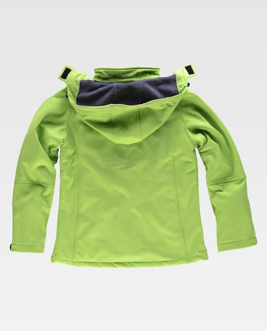 Damen Workshell mit Kapuze und reflektierenden Details, einer Brusttasche und hellgrünem Ärmel