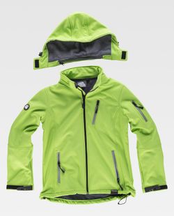 Damen Workshell mit Kapuze und reflektierenden Details, einer Brusttasche und hellgrünem Ärmel