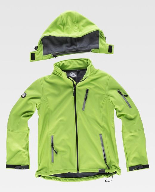 Damen Workshell mit Kapuze und reflektierenden Details, einer Brusttasche und hellgrünem Ärmel