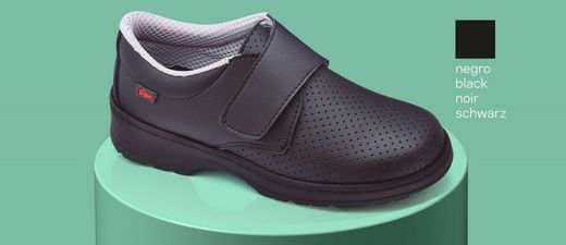 Schuh mit Klettverschluss, kalt und heiß bis zu 40 ° C waschbar, innen mit Mikrofaser geschnitten, hoch atmungsaktiv mit großer Fähigkeit zur Feuchtigkeitsaufnahme und zum schnellen Trocknen. Farbe Schwarz