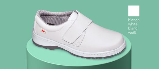 Schuh mit Klettverschluss, kalt und heiß bis zu 40 ° C waschbar, innen mit Mikrofaser gefüttert, hoch atmungsaktiv mit großer Fähigkeit zur Feuchtigkeitsaufnahme und zum schnellen Trocknen. Farbe Weiß
