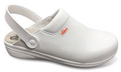 Clog mit klappbarem Fersenstützgurt aus atmungsaktiver technischer Mikrofaser mit Polsterung am Spann, um Reibung zu vermeiden. Farbe Weiß