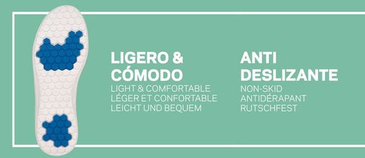 Zoccolo con cinturino di supporto del tallone pieghevole, realizzato in microfibra tecnica traspirante con imbottitura sul collo del piede per evitare irritazioni. Colore bianco / azzurro