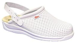 Zoccolo con cinturino di supporto del tallone pieghevole, realizzato in pelle di vacchetta traforata con imbottitura sul collo del piede per evitare sfregamenti, montato su un ultimo dritto con una punta arrotondata. Colore bianco