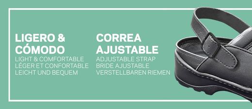 Zoccolo con cinturino regolabile sul tallone con fibbia, lavabile a freddo e caldo fino a 40º, fodera interna in microfibra, altamente TRASPIRANTE Colore bianco