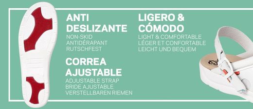 Zoccolo stampato con cinturino di sostegno del tallone pieghevole, realizzato in microfibra traspirante con imbottitura sul collo del piede per evitare sfregamenti, montato su un ultimo dritto con una punta arrotondata. Colore nero