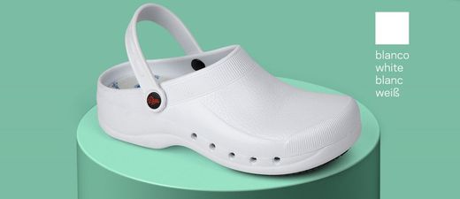Leichter EVA-Clog mit rutschfesten Zellen an der Sohle, Monocoque, anatomisch und rutschfest. Farbe Weiß