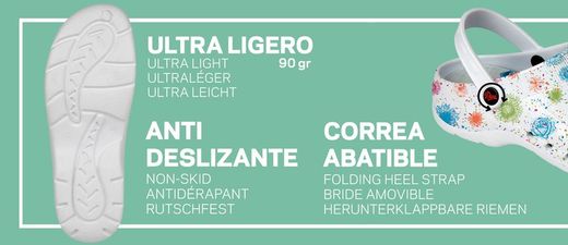 Ultraleicht gedruckter EVA-Clog, latexfrei, Monocoque, anatomisch und rutschfest. Farbe Weiß