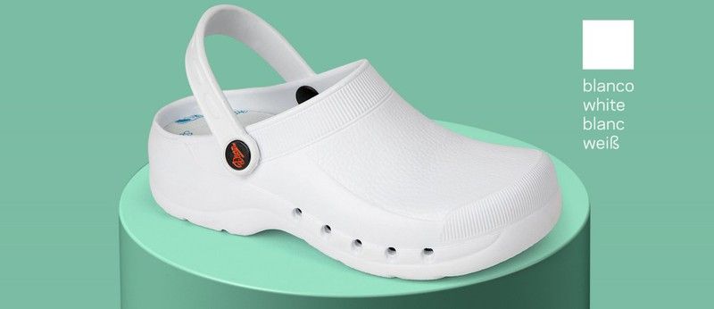 Zueco ultraligero de EVA, libre de látex, monocasco, anatómico y antideslizante.