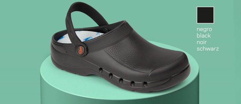 Zueco ultraligero de EVA, libre de látex, monocasco, anatómico y antideslizante.